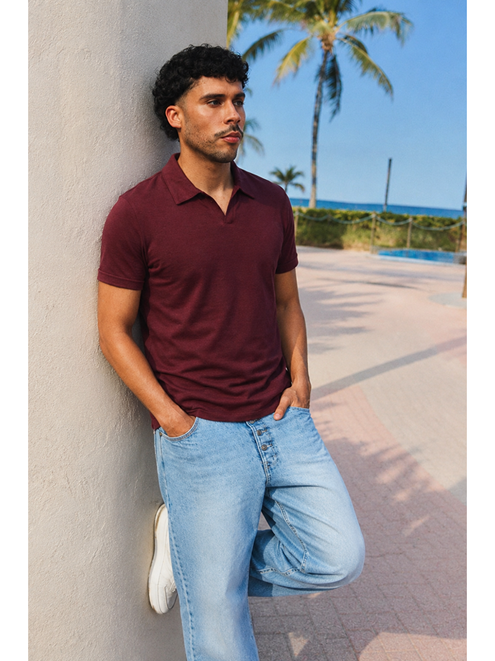 Erkek Trend Polo Yaka Günlük Bordo Tişört-2