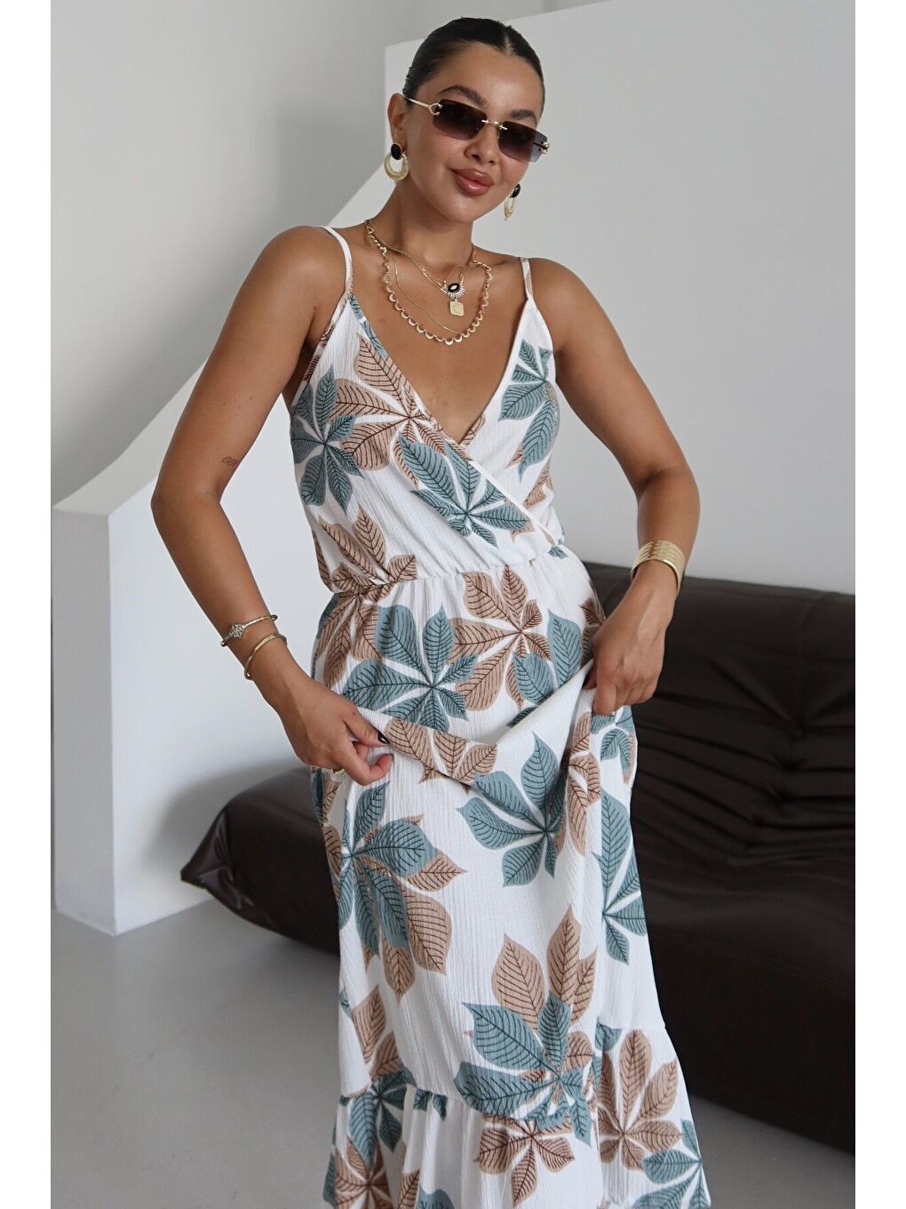 Mavi Kadın Turkuaz Çiçek Desenli Kruvaze Maxi Boy Askılı Krinkıl Elbise-3