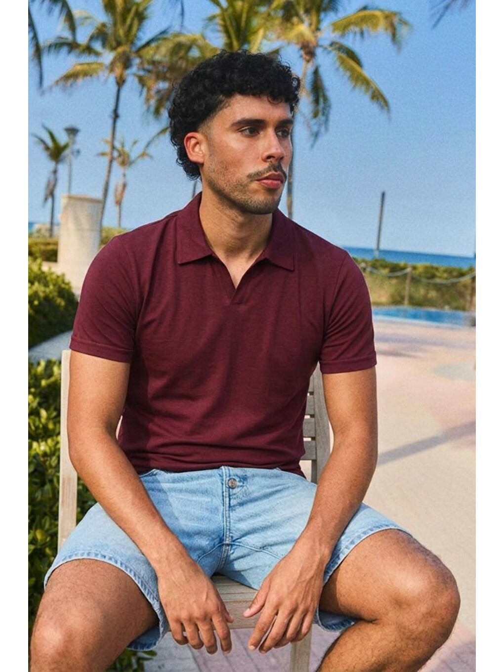 Erkek Trend Polo Yaka Günlük Bordo Tişört-3