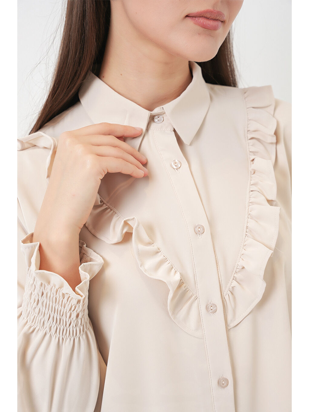 Ekru Kadın Fırfırlı Uzun Gömlek Tunik 5986 - Krem-6