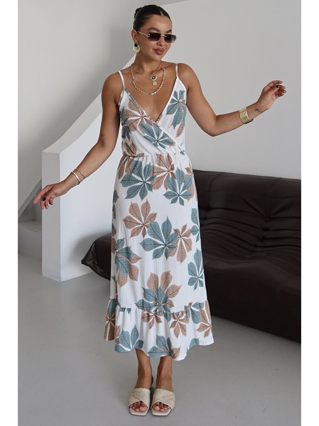 Mavi Kadın Turkuaz Çiçek Desenli Kruvaze Maxi Boy Askılı Krinkıl Elbise-5