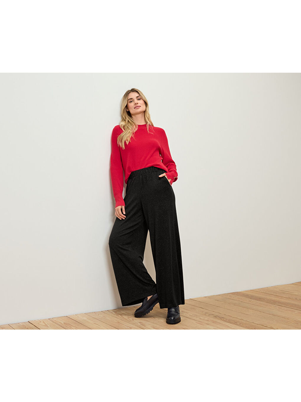 Siyah Kadın Palazzo Pantolon, Simli İplik