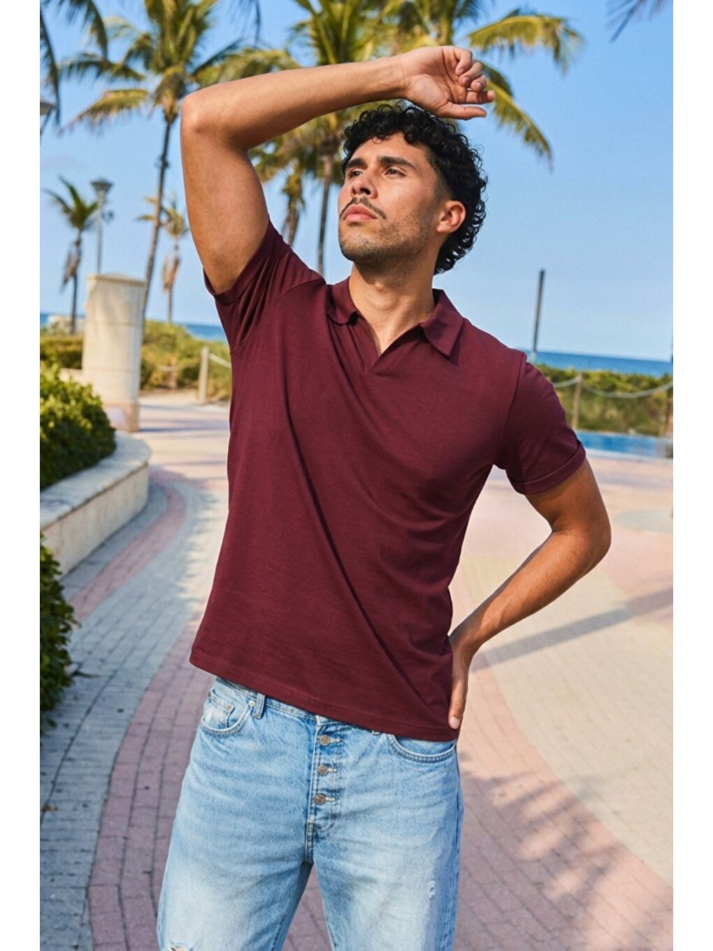 Erkek Trend Polo Yaka Günlük Bordo Tişört-4