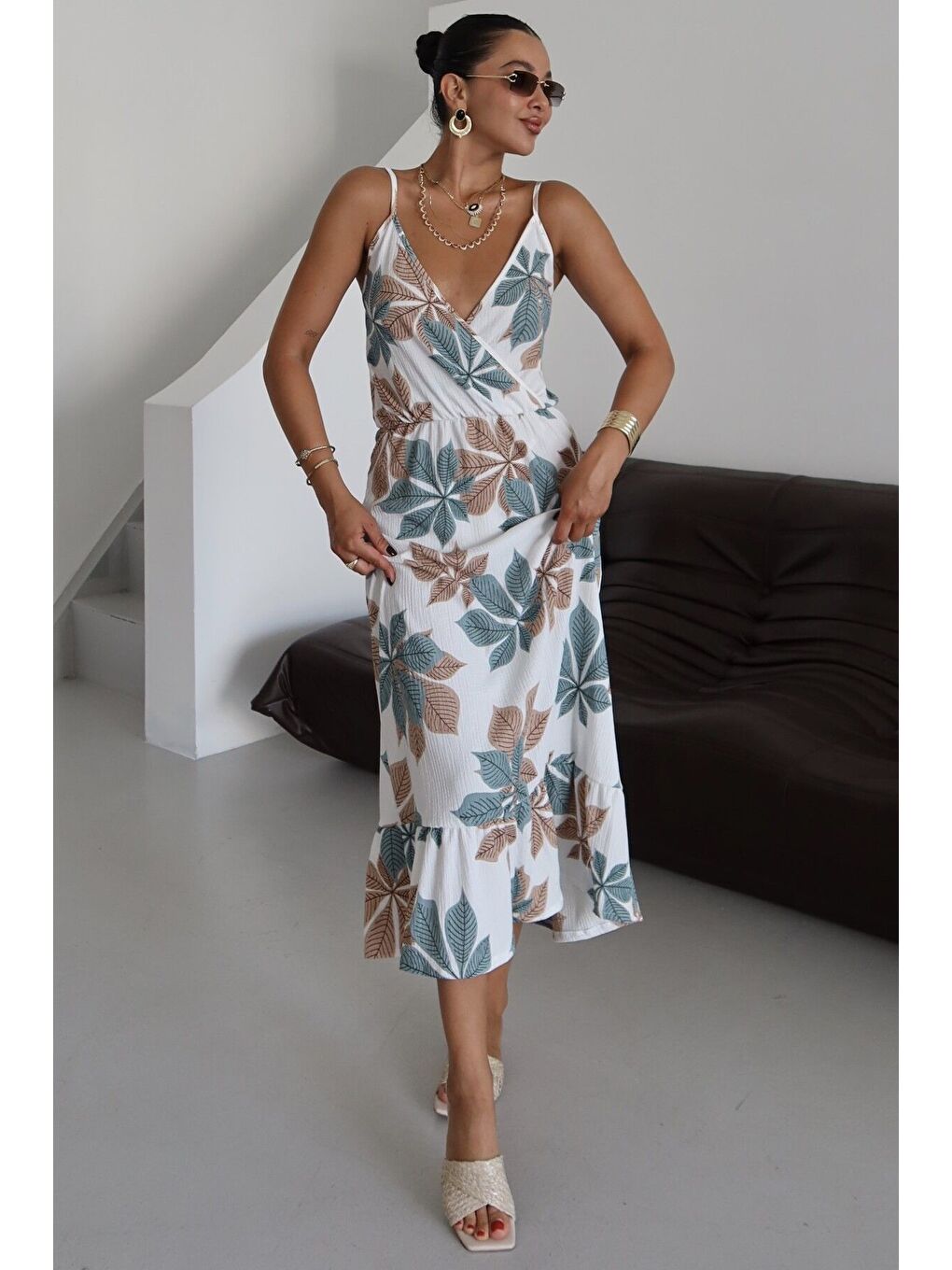 Mavi Kadın Turkuaz Çiçek Desenli Kruvaze Maxi Boy Askılı Krinkıl Elbise-7