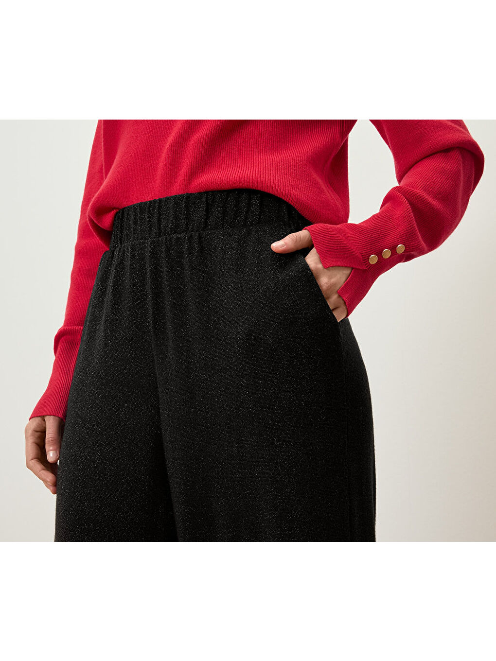 Siyah Kadın Palazzo Pantolon, Simli İplik-1