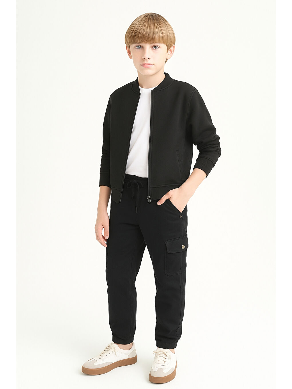 Siyah Erkek Çocuk Komando Cepli Beli Lastikli Okul Pantolonu AK1000-1-2-1