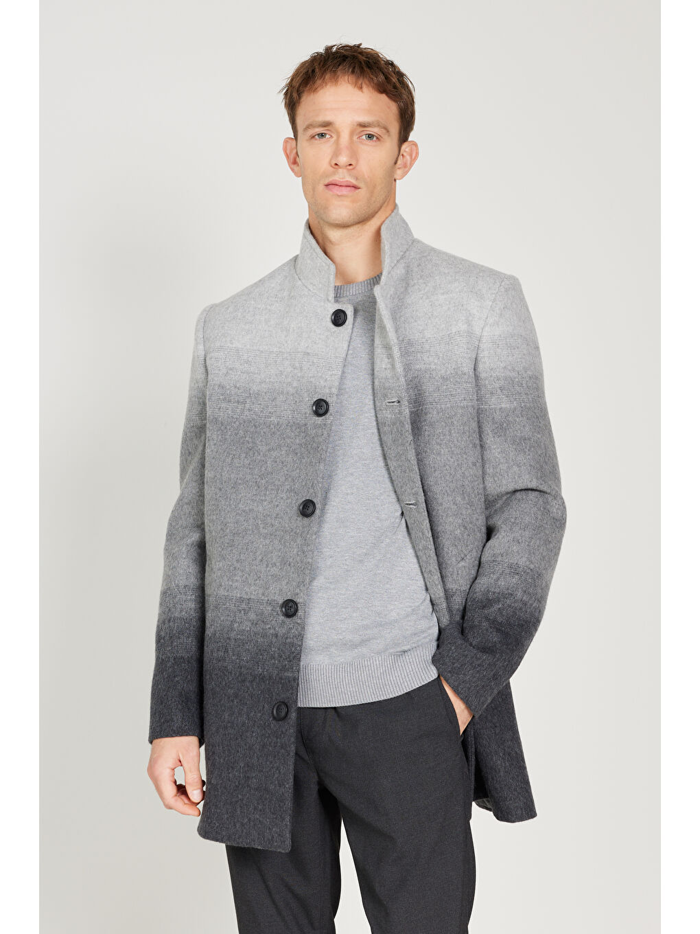 Erkek Gri Standart Fit Normal Kesim Dik Yaka Desenli Palto
