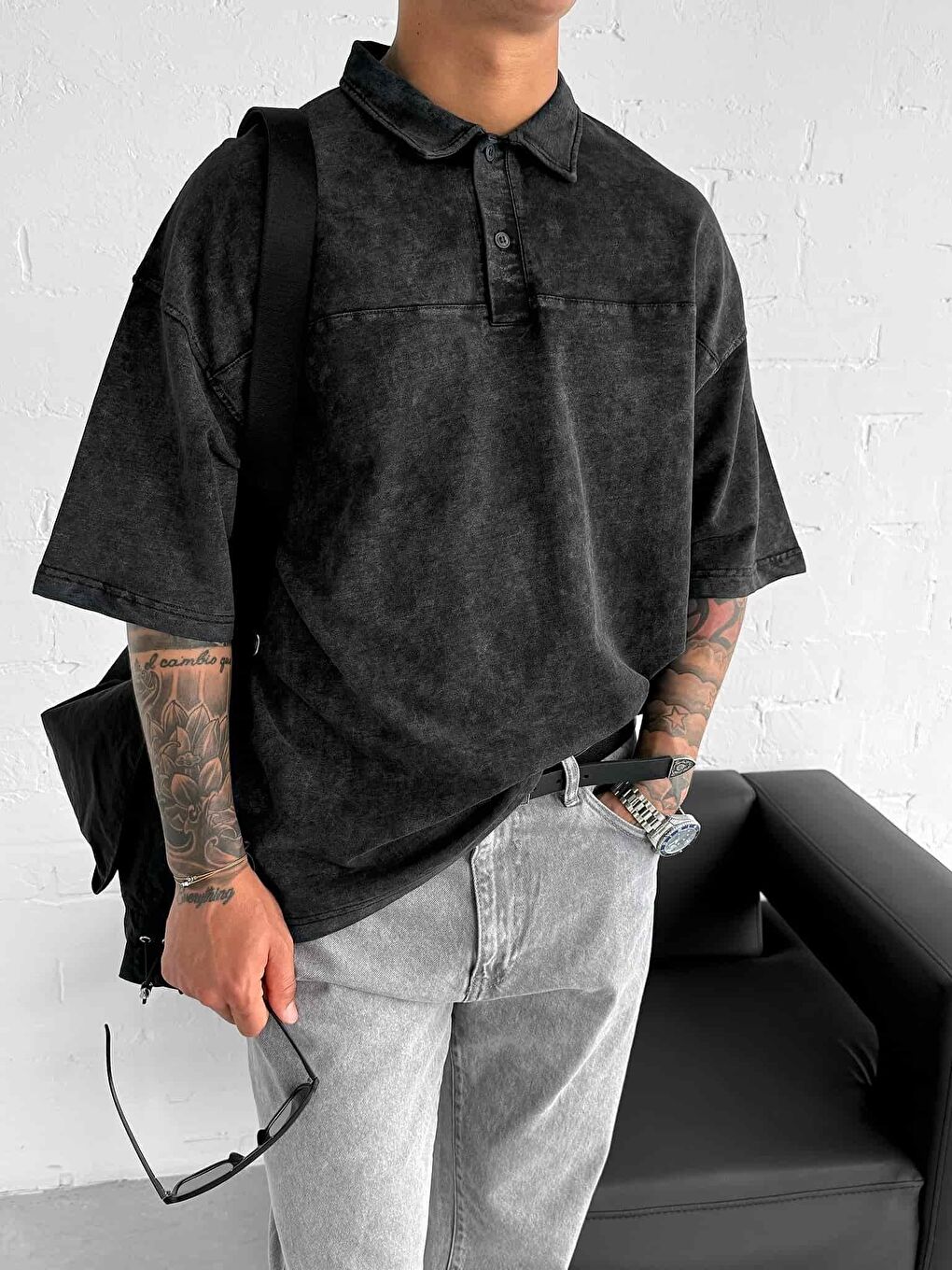 Erkek Polo Yaka Oversize Yıkamalı T-Shirt Siyah-1