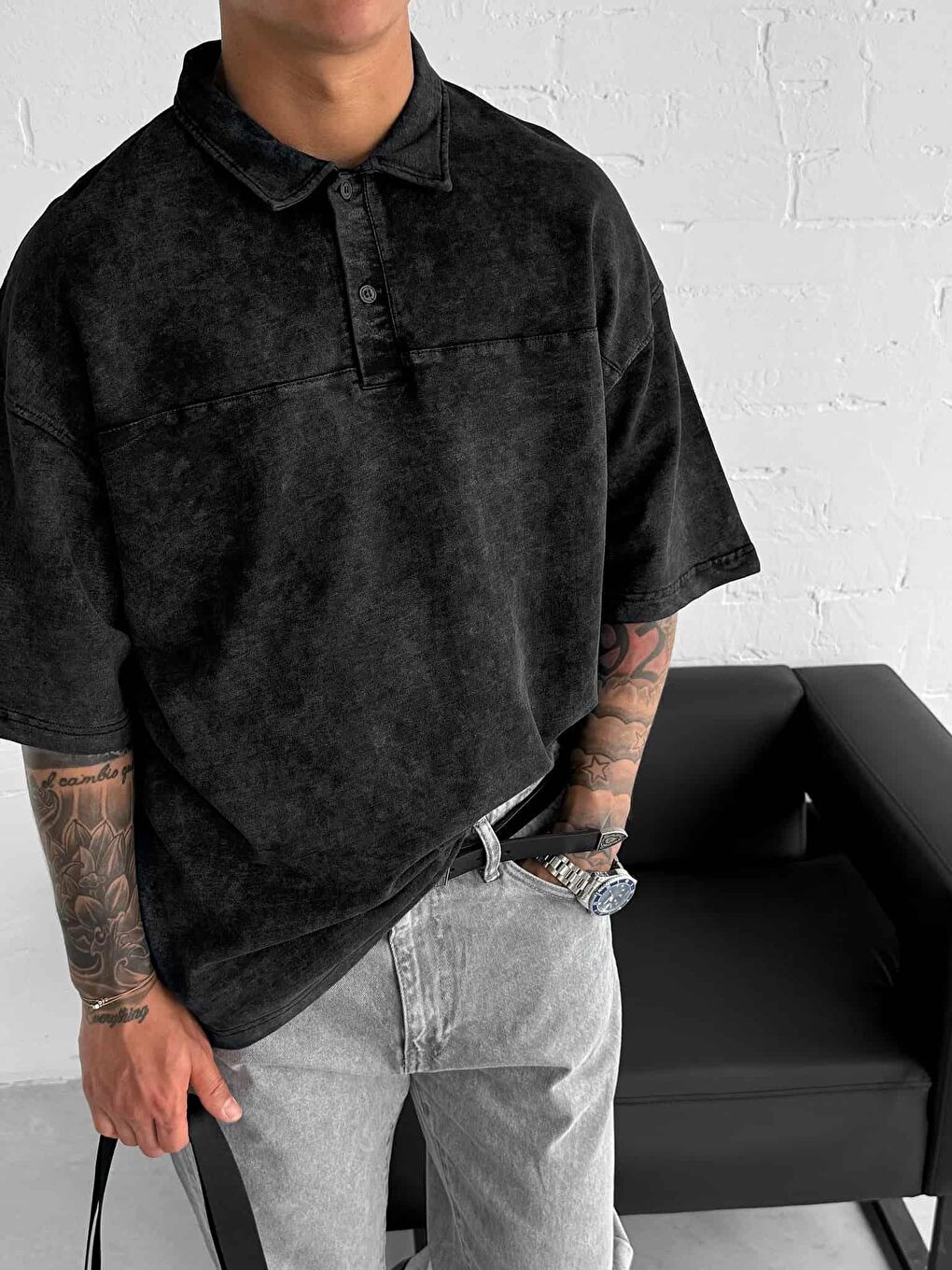 Erkek Polo Yaka Oversize Yıkamalı T-Shirt Siyah-2