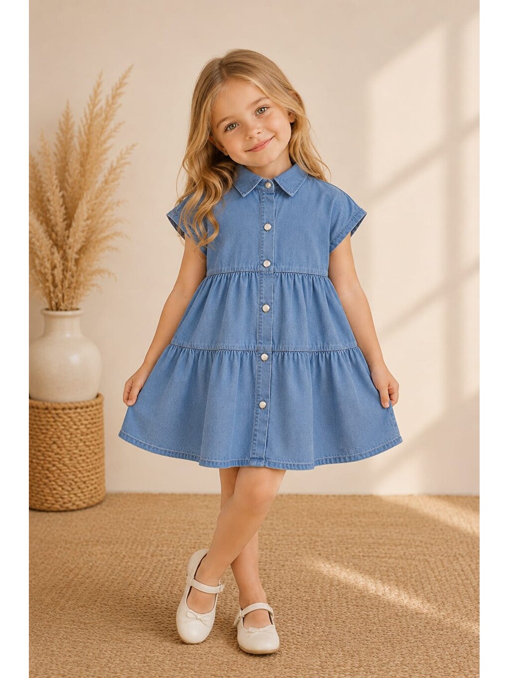 Mavi Mia Düğmeli Denim Kız Çocuk Elbise 12833-1