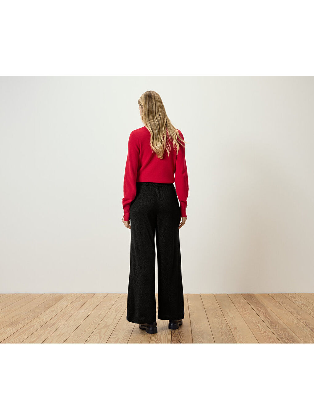 Siyah Kadın Palazzo Pantolon, Simli İplik-2