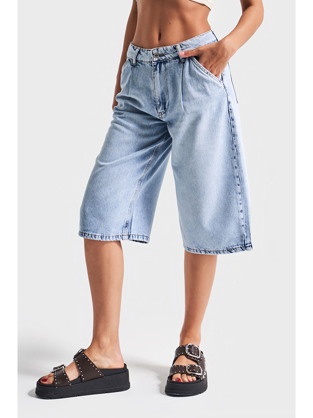 It's Basic Mavi Kadın Jean Rengi 4s5 3 Maxi Boy  100 Pamuk Denim Bermuda Şort