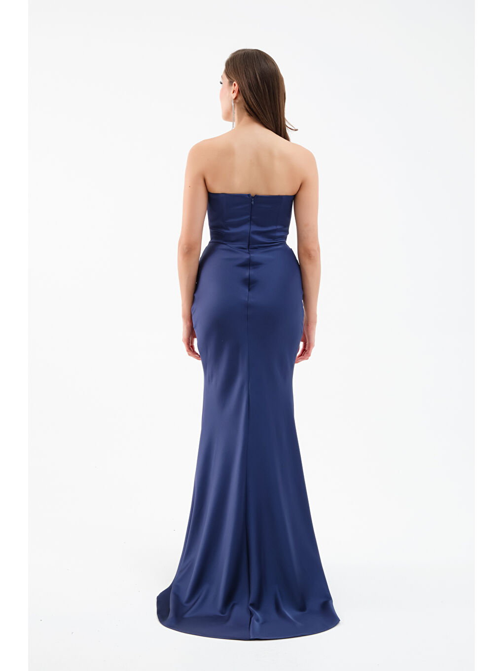 Kadın Lacivert Straplez Uzun Saten Söz Nişan Abiye Elbise-4