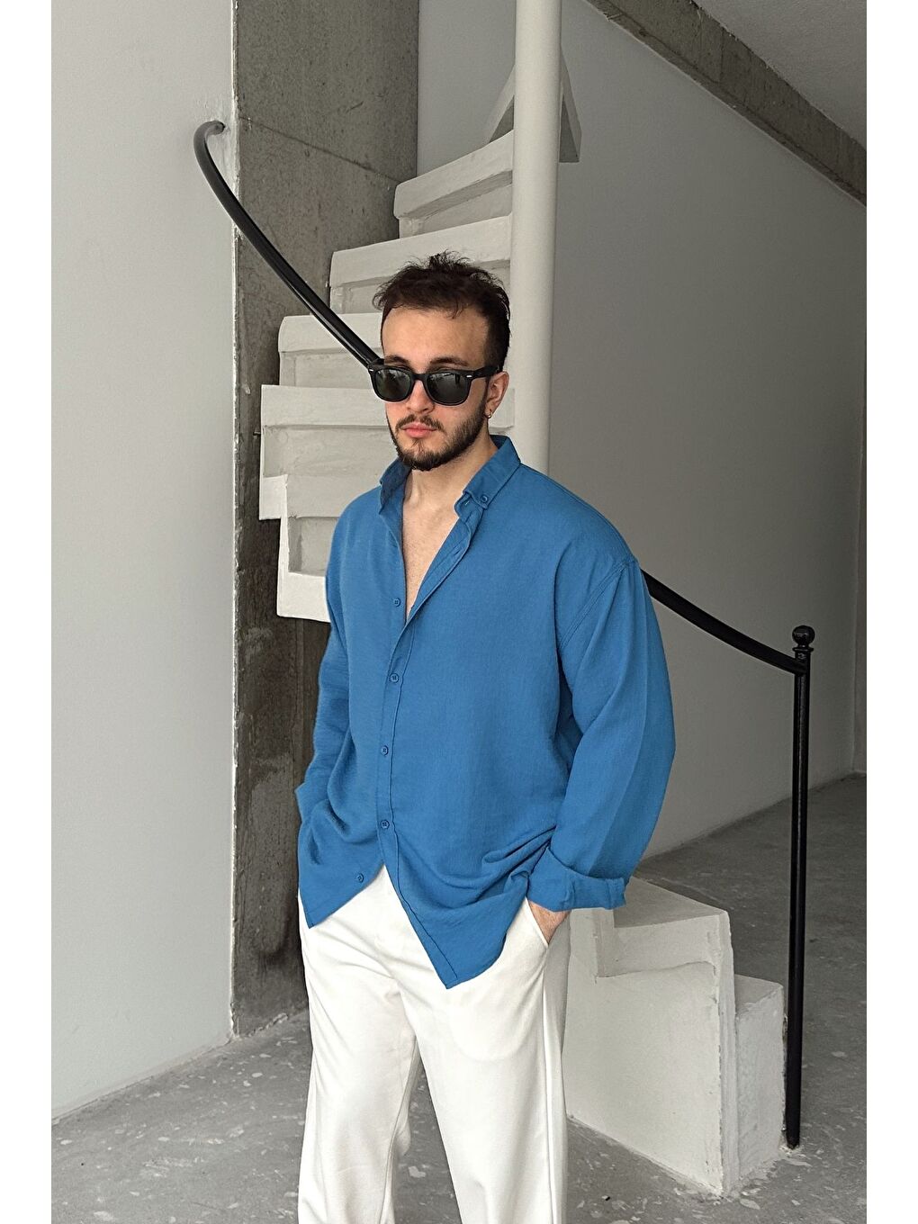 Mavi Napas Erkek Oversize Keten Görünümlü Gömlek