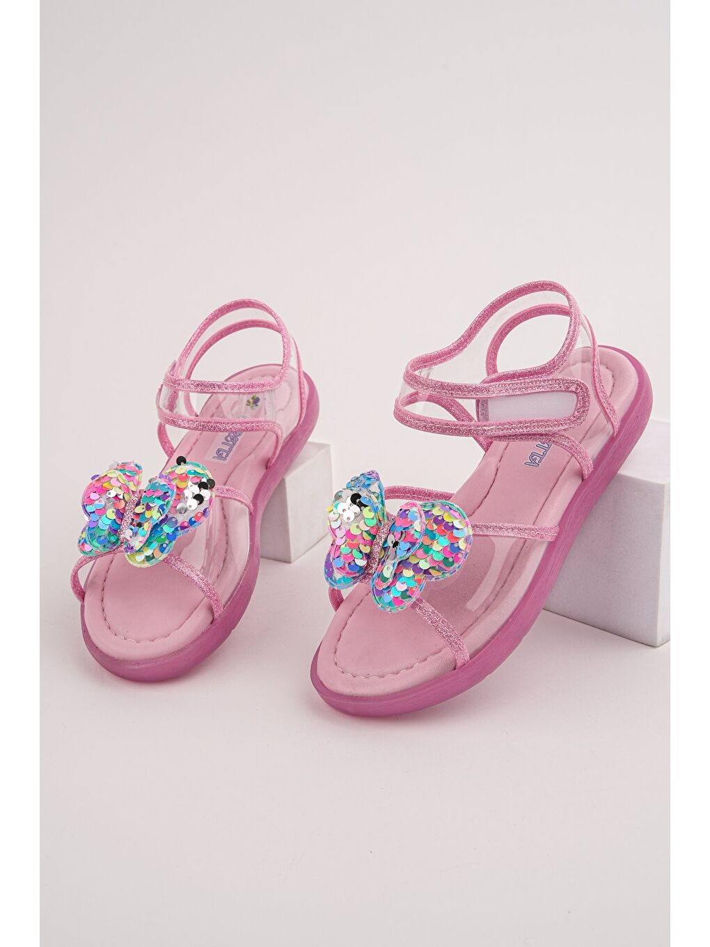 Pembe PİCKLES Pullu Kelebek Detaylı Cırtlı Şeffaf Kız Çocuk Sandalet-5