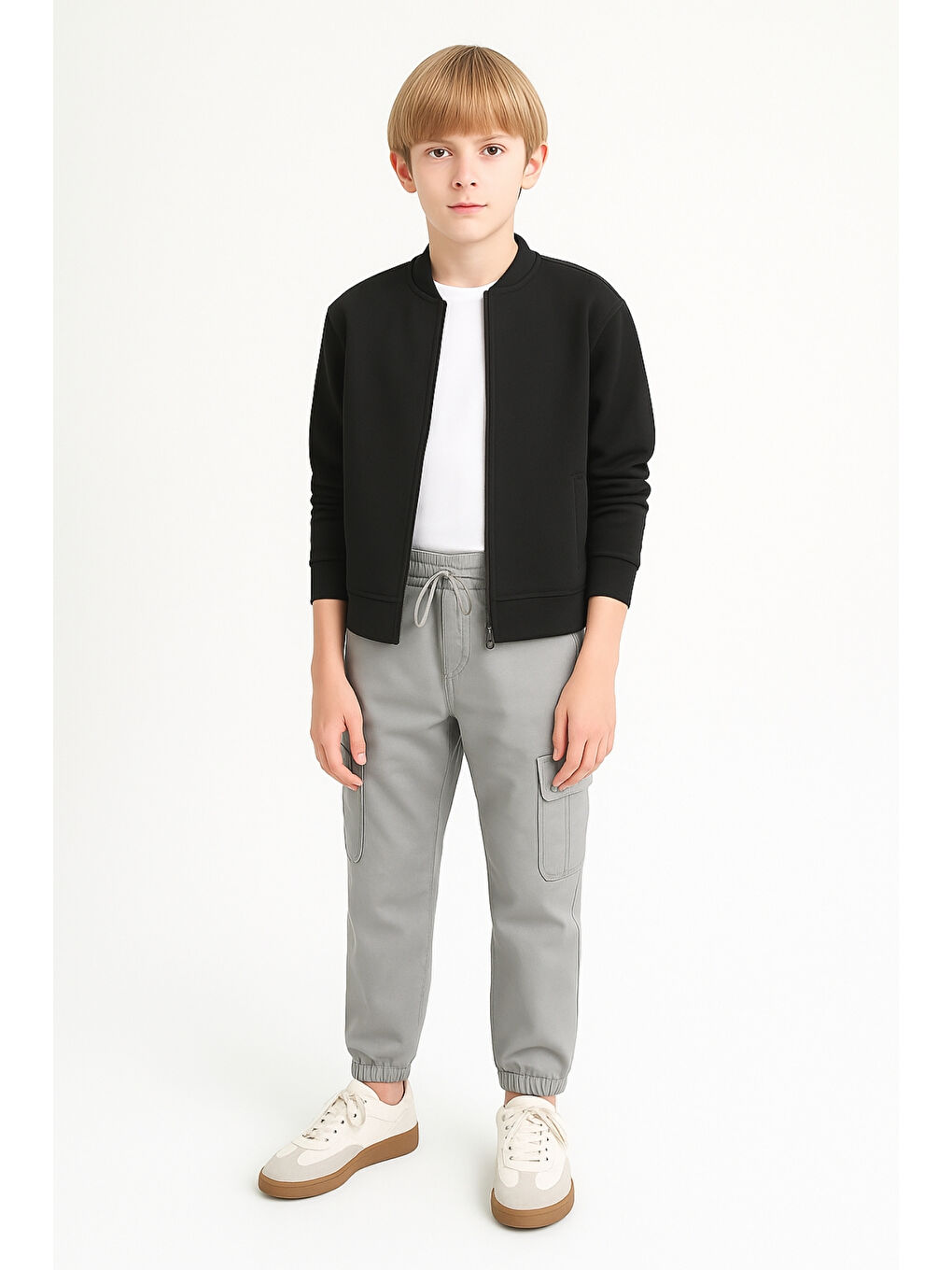 Gri Erkek Çocuk Komando Cepli Beli Lastikli Okul Pantolonu AK1000-1-2