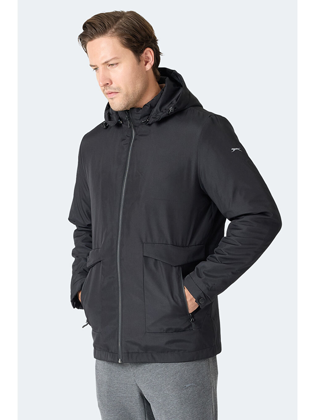 GRAVEL Erkek Kapüşonlu Siyah Mont & Kaban-2