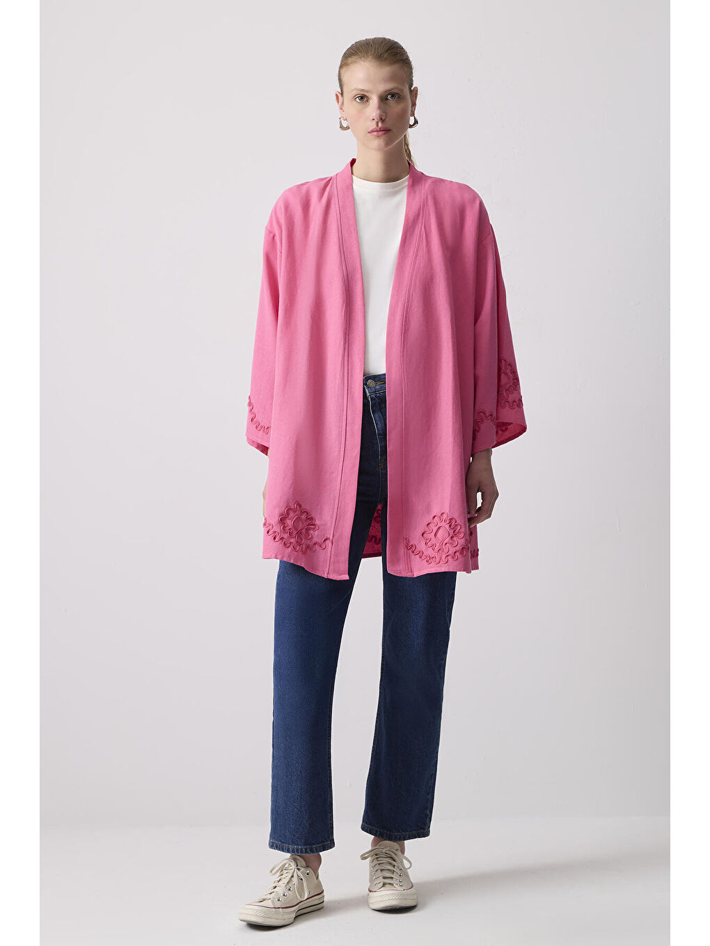 Pembe Keten Dokulu Nakışlı Kimono-1