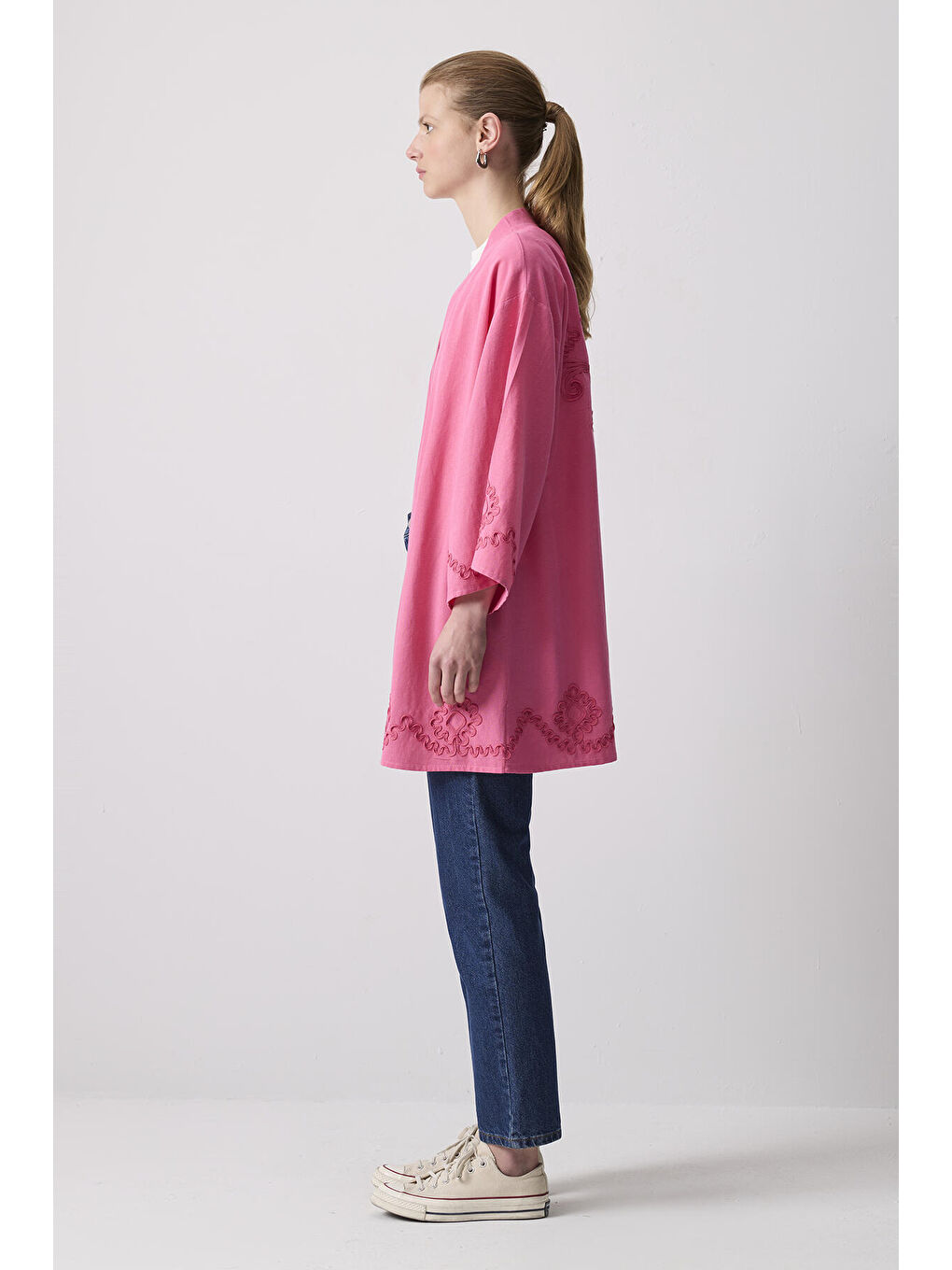 Pembe Keten Dokulu Nakışlı Kimono-2