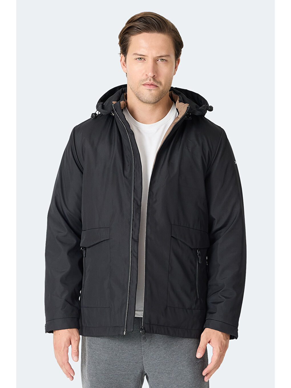 GRAVEL Erkek Kapüşonlu Siyah Mont & Kaban-4