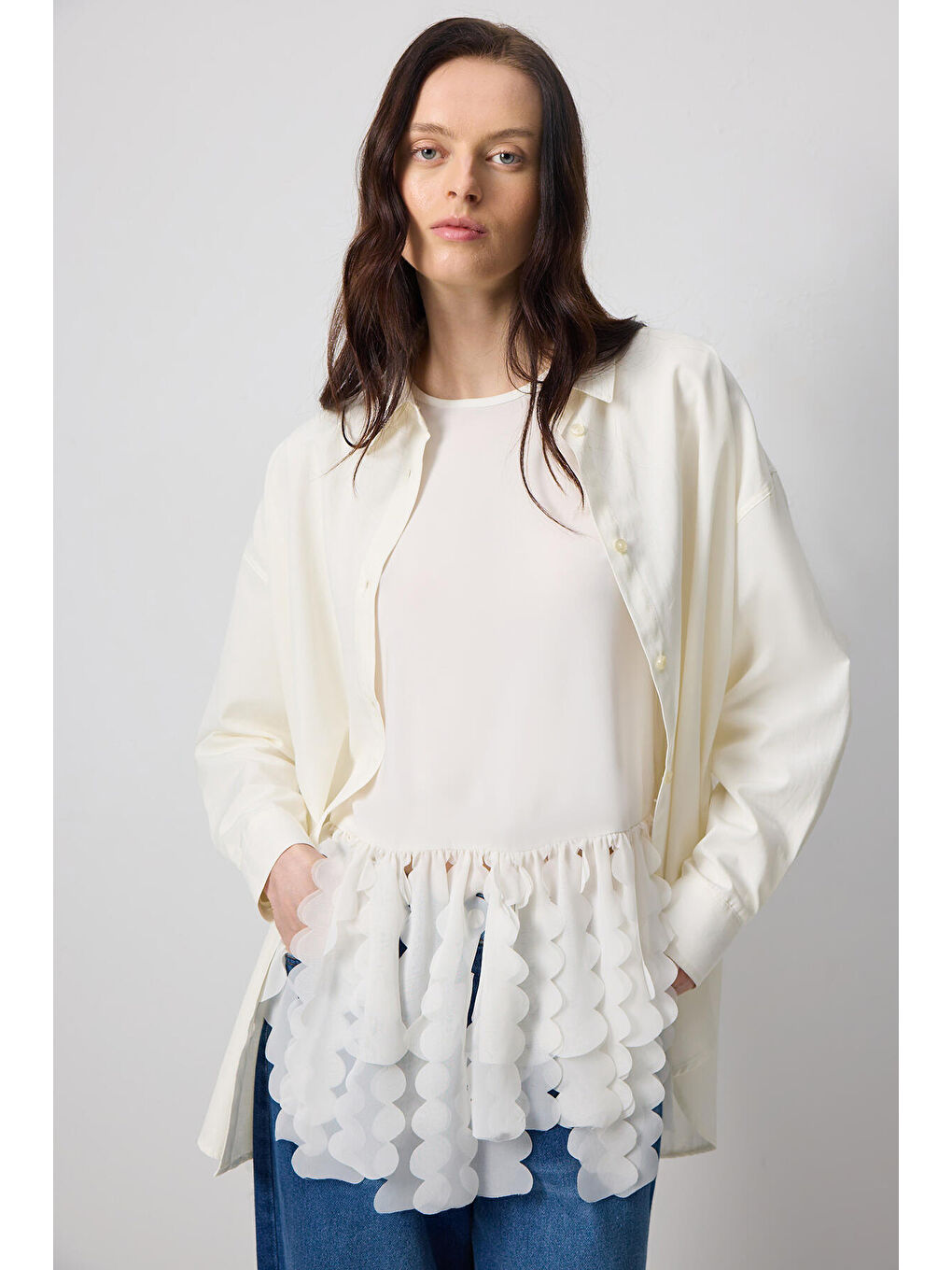 Ekru Şifon Püsküllü Tunik-1