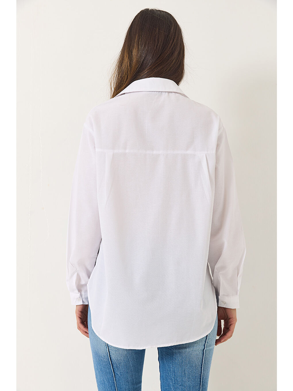 Beyaz Kadın Kurdele Nakışlı Uzun Kollu Regular Gömlek-5