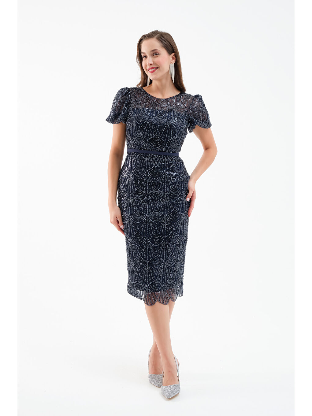 Kadın Lacivert Boncuklu Midi Abiye Elbise