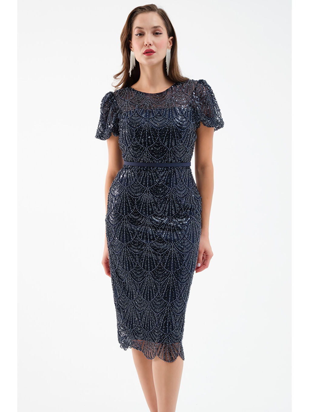 Kadın Lacivert Boncuklu Midi Abiye Elbise-1