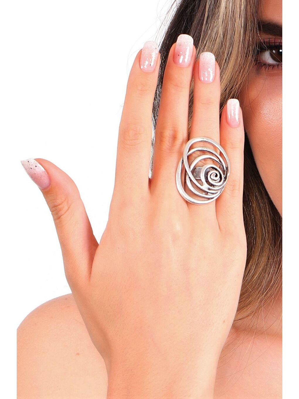 Gri Kadın Antik Gümüş Kaplama Ayarlanabilir Gül Formlu Yüzük-2