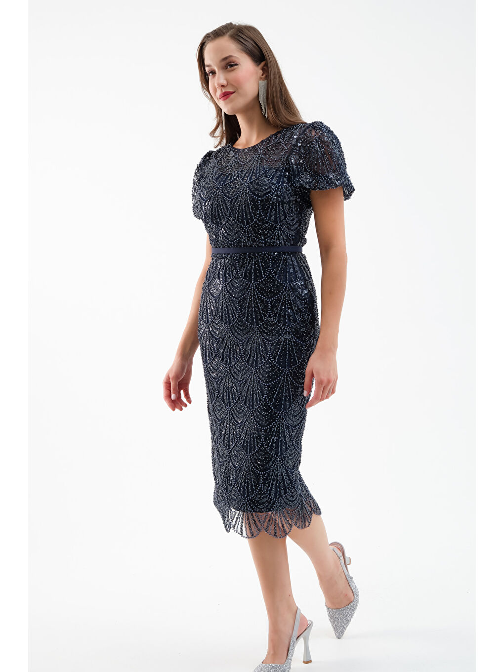 Kadın Lacivert Boncuklu Midi Abiye Elbise-2