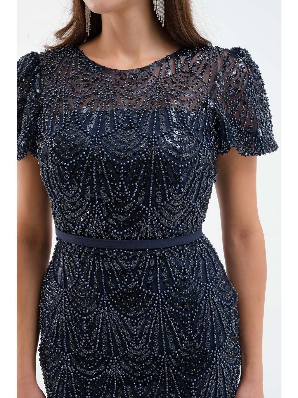 Kadın Lacivert Boncuklu Midi Abiye Elbise-3
