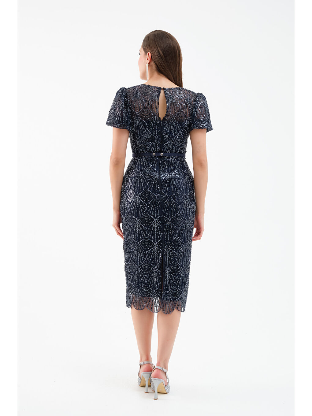 Kadın Lacivert Boncuklu Midi Abiye Elbise-4