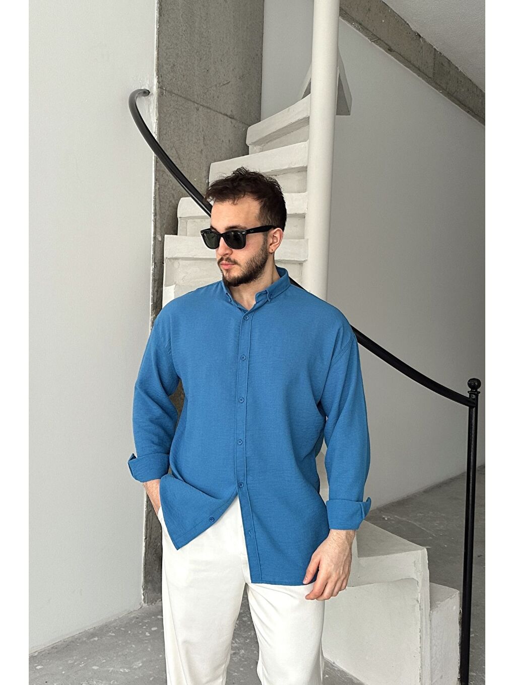 Mavi Napas Erkek Oversize Keten Görünümlü Gömlek-3