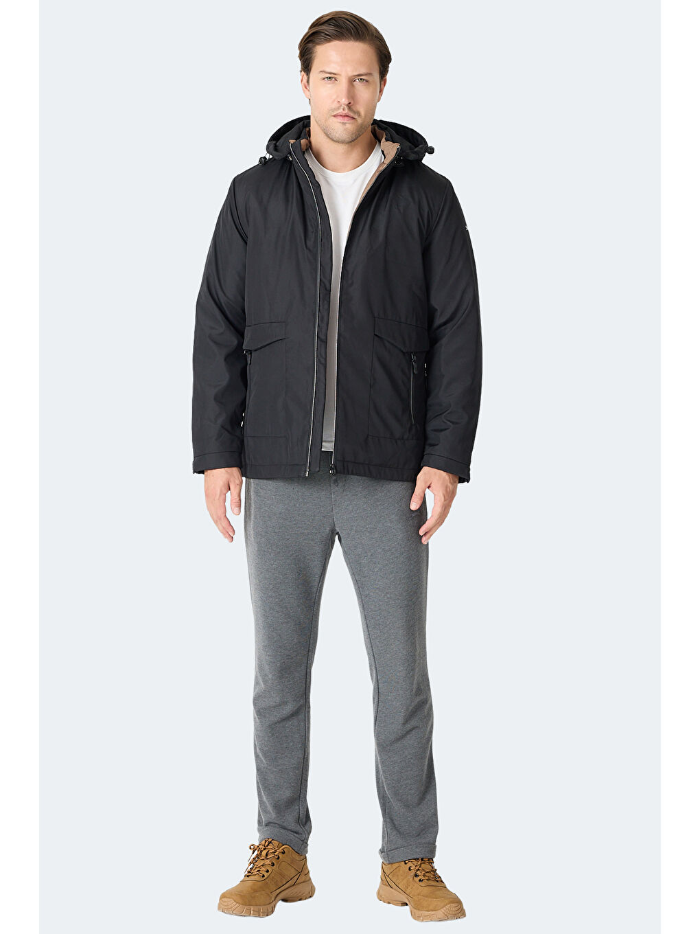 GRAVEL Erkek Kapüşonlu Siyah Mont & Kaban-6