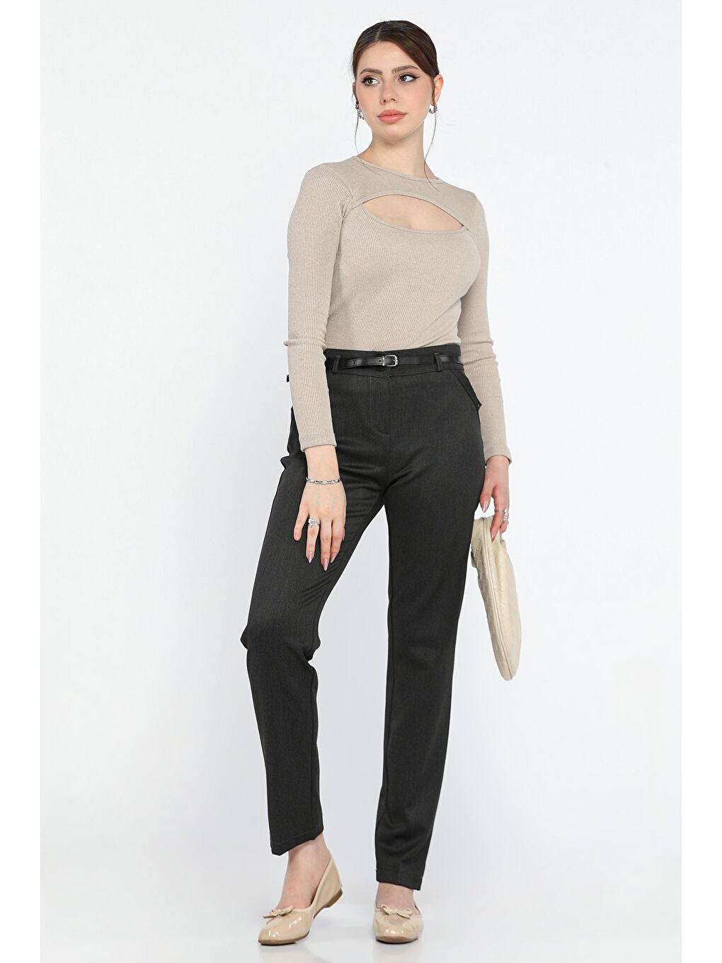 Antrasit Büyük Beden Kadın Kemerli Kumaş Pantolon-1