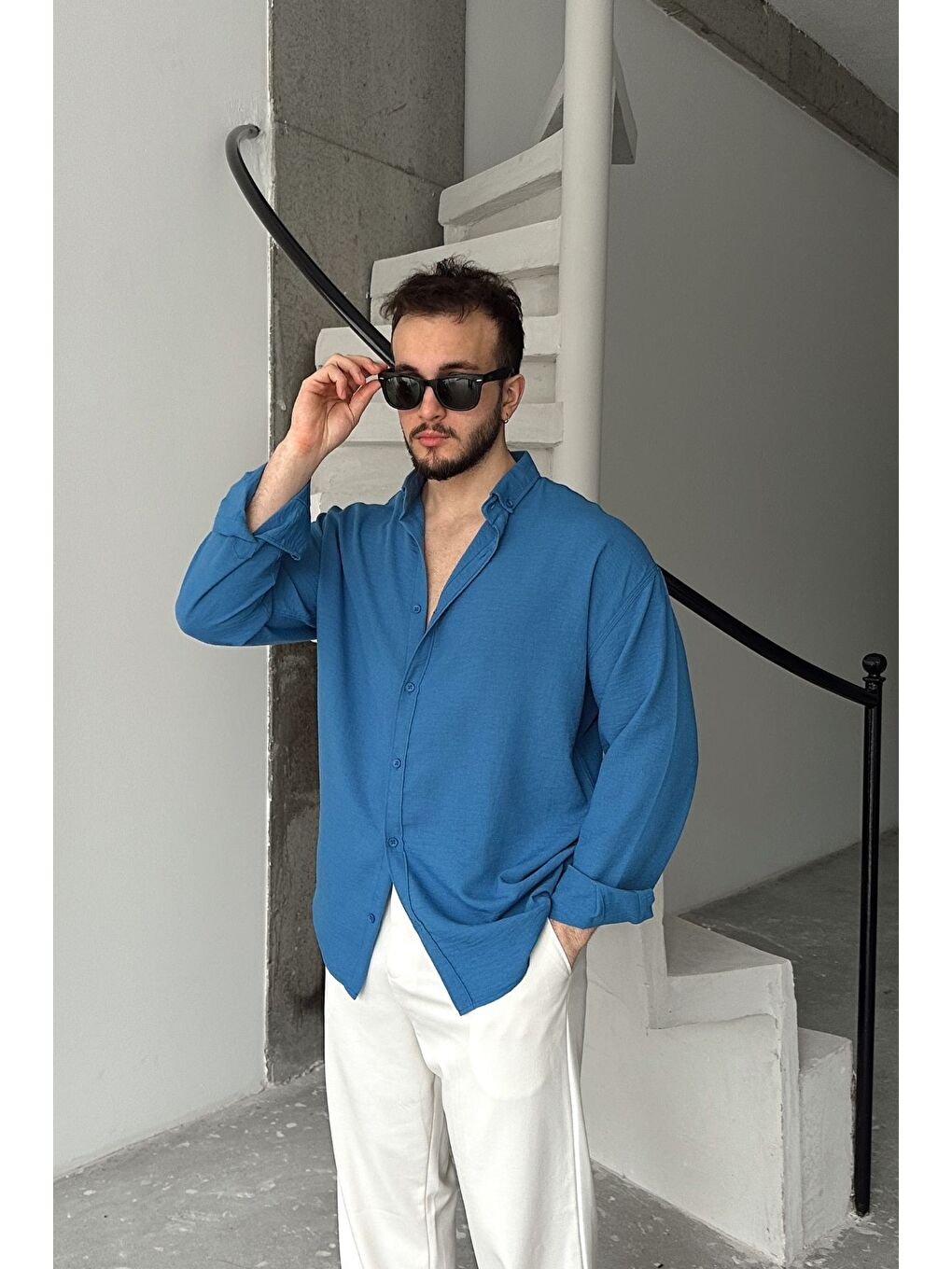 Mavi Napas Erkek Oversize Keten Görünümlü Gömlek-4