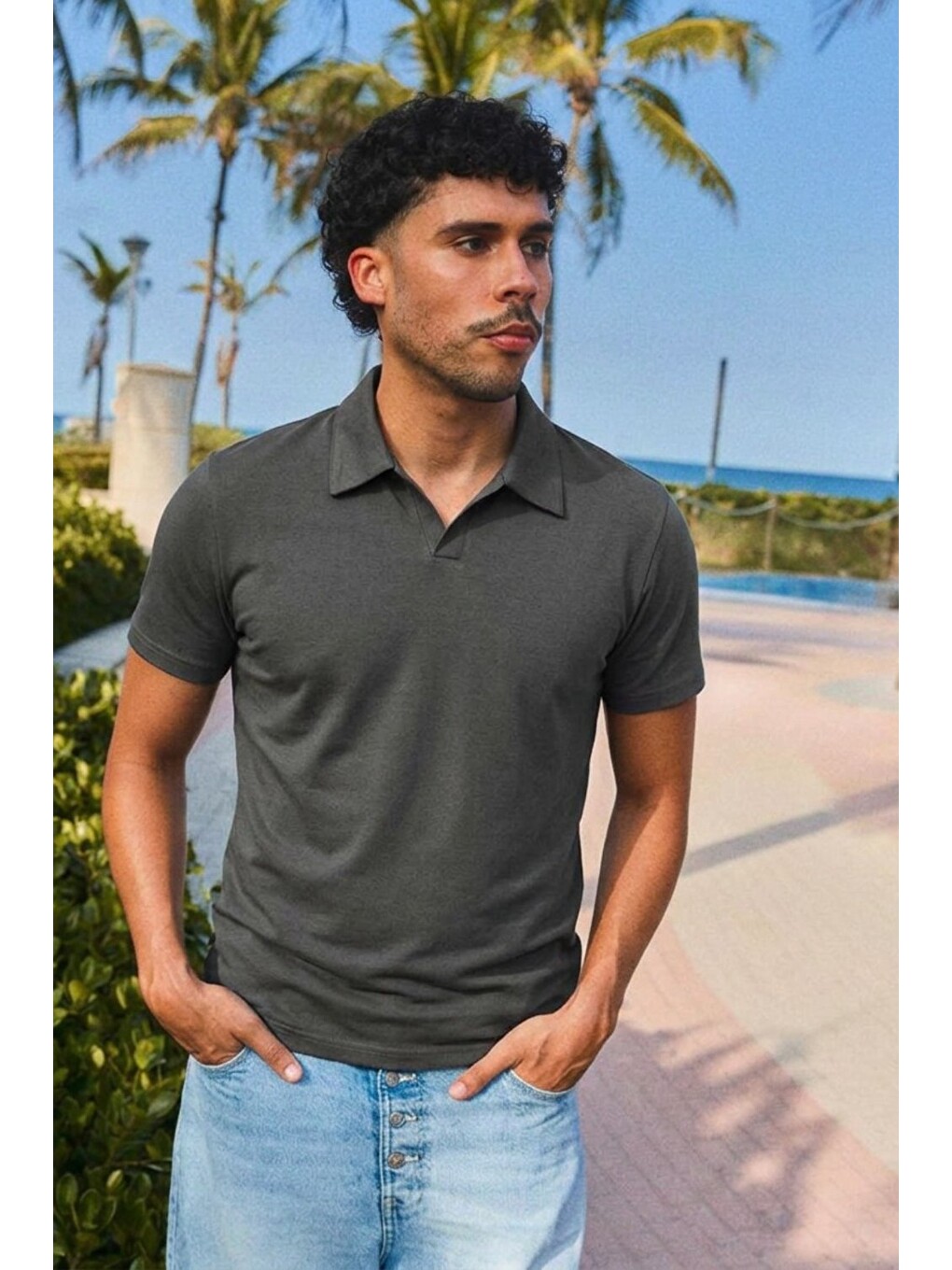Gri Erkek Trend Polo Yaka Günlük Füme Tişört