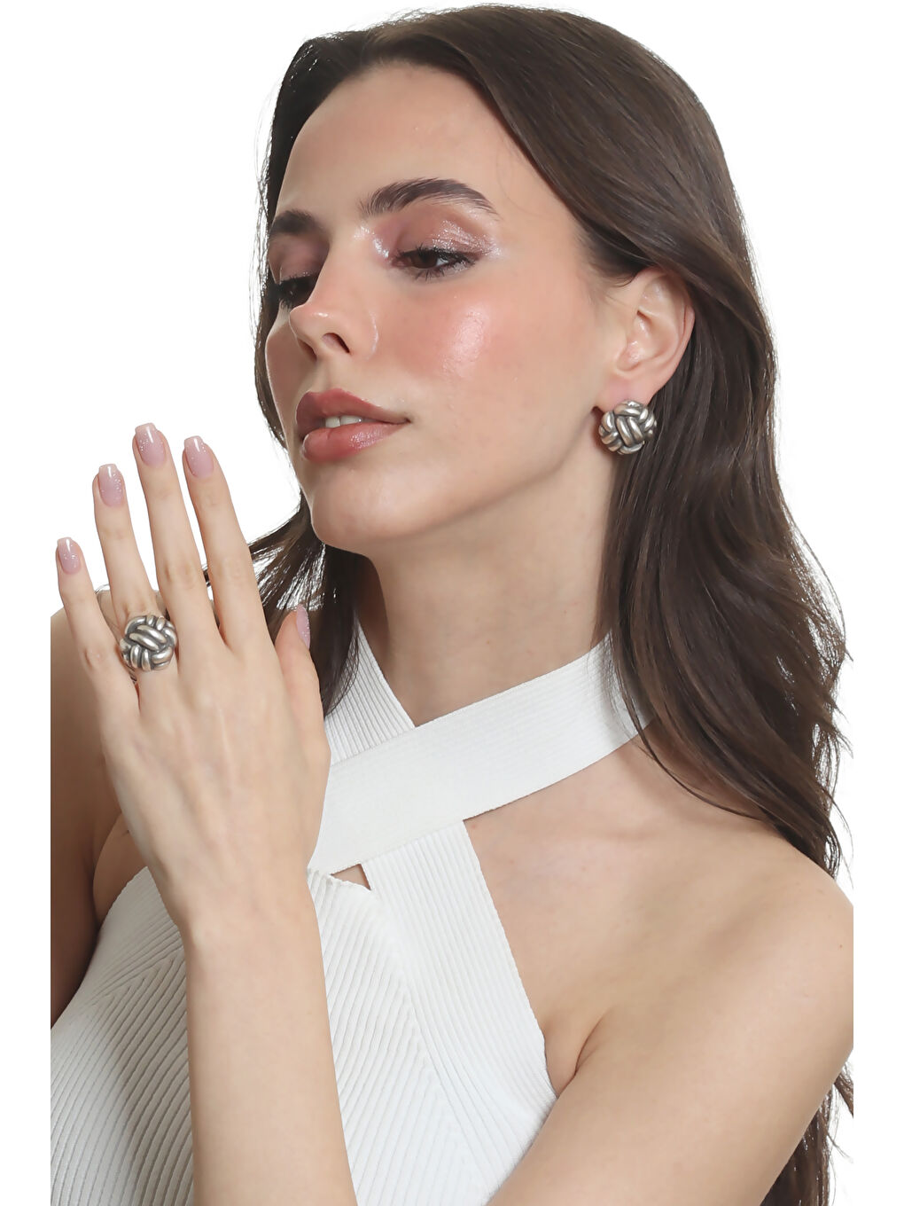 Gri Kadın Antik Gümüş Kaplama Çivili Model İki Telli Halat Düğüm Dokulu Küpe & Yüzük Set-1