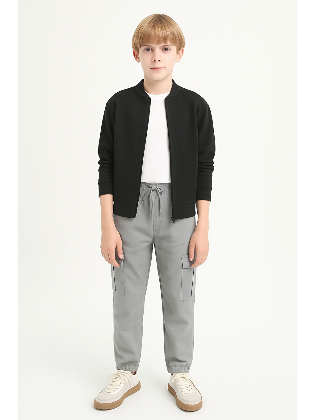 Gri Erkek Çocuk Komando Cepli Beli Lastikli Okul Pantolonu AK1000-1-2-1