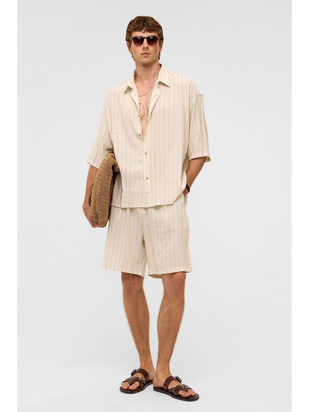 Bej Oversize Çizgili Kısa Kollu Keten Gömlek Vizon