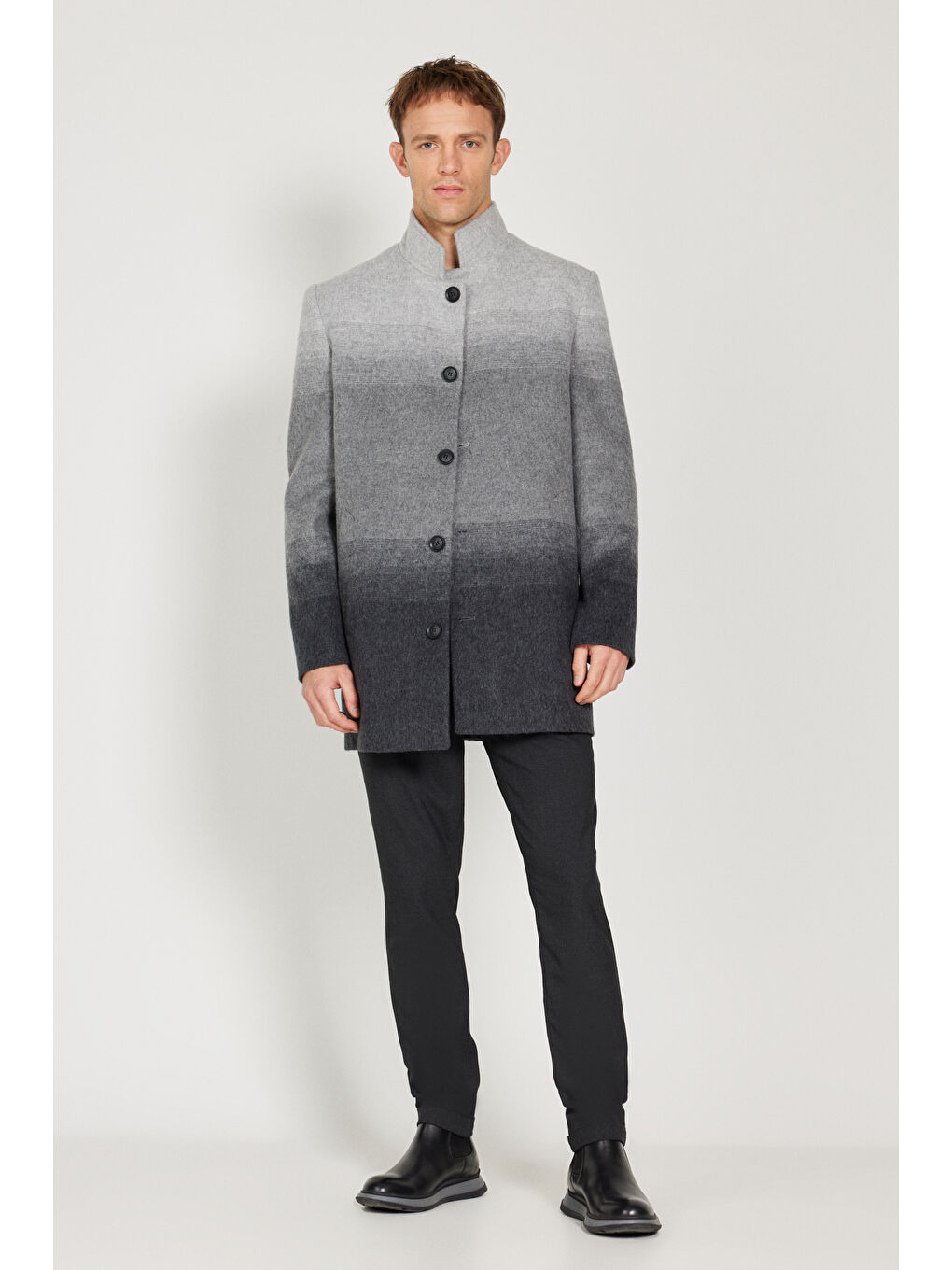 Erkek Gri Standart Fit Normal Kesim Dik Yaka Desenli Palto-1