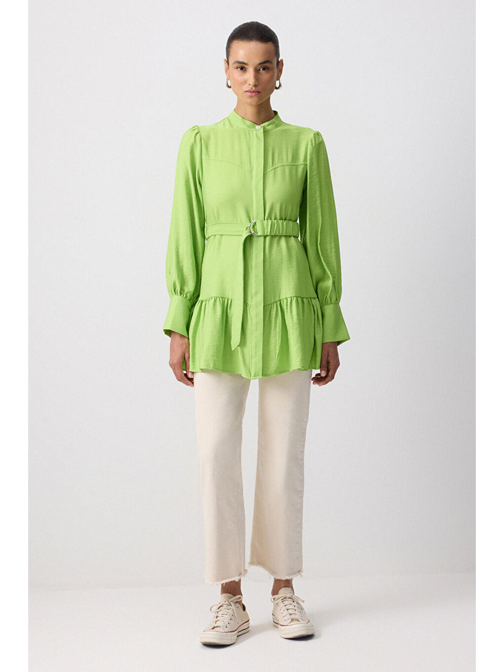 Yeşil Doğal Dokulu Kemerli Tunik