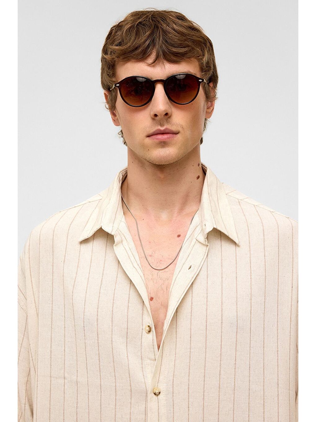 Bej Oversize Çizgili Kısa Kollu Keten Gömlek Vizon-1