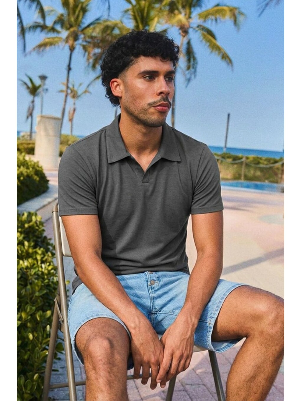 Gri Erkek Trend Polo Yaka Günlük Füme Tişört-3