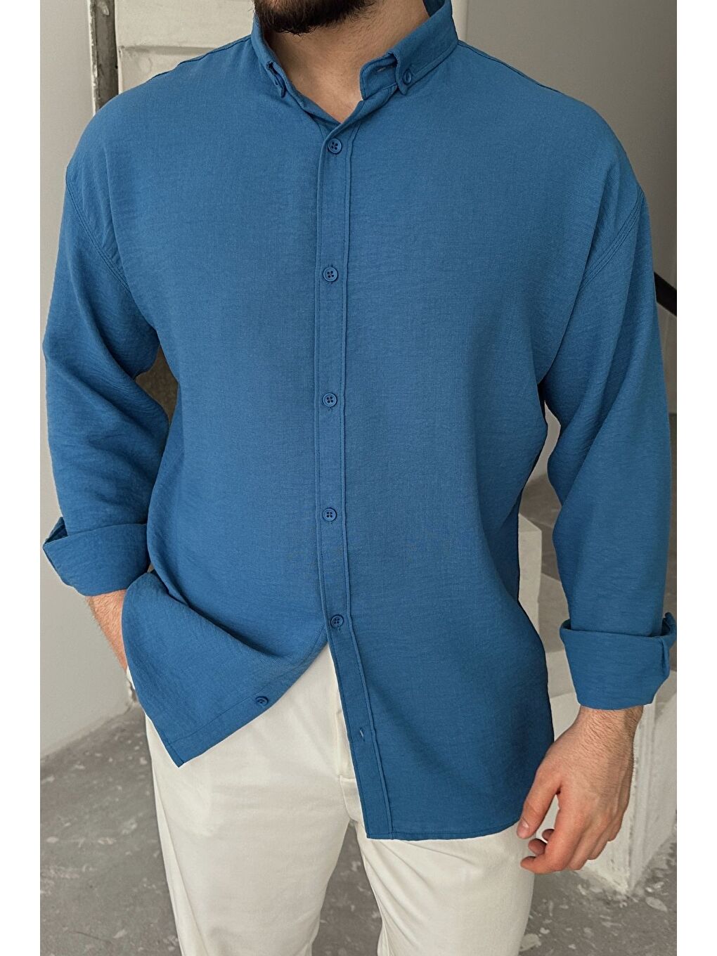 Mavi Napas Erkek Oversize Keten Görünümlü Gömlek-6