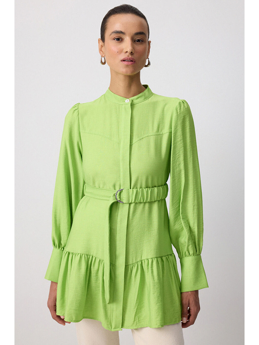 Yeşil Doğal Dokulu Kemerli Tunik-1