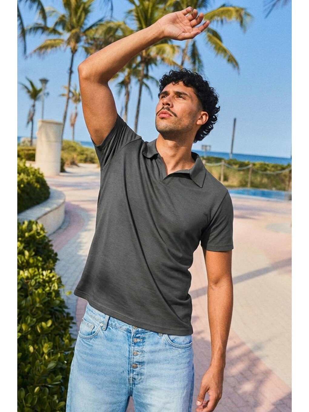 Gri Erkek Trend Polo Yaka Günlük Füme Tişört-4