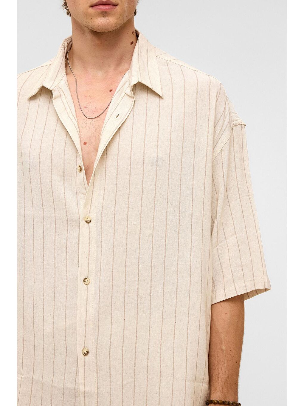 Bej Oversize Çizgili Kısa Kollu Keten Gömlek Vizon-2