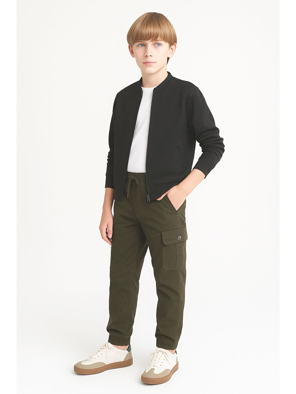 Haki Erkek Çocuk Komando Cepli Beli Lastikli Okul Pantolonu AK1000-1-2-1