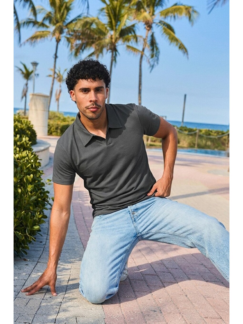 Gri Erkek Trend Polo Yaka Günlük Füme Tişört-5